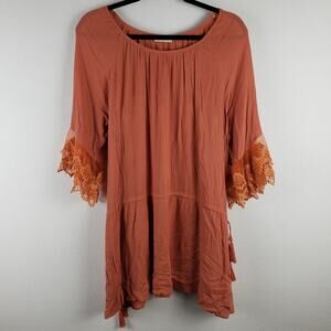Umgee Women's M/L Embroidered Bell Sleeve Tunic Top Rust‎ Orange Boho Lagenlook